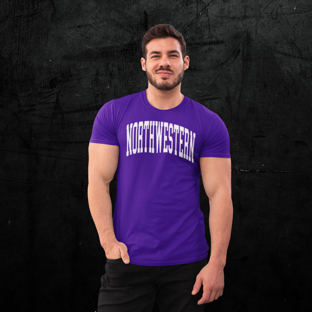Adult man with purple Northwestern jumbo arch t-shirt with charcoal gray textured background