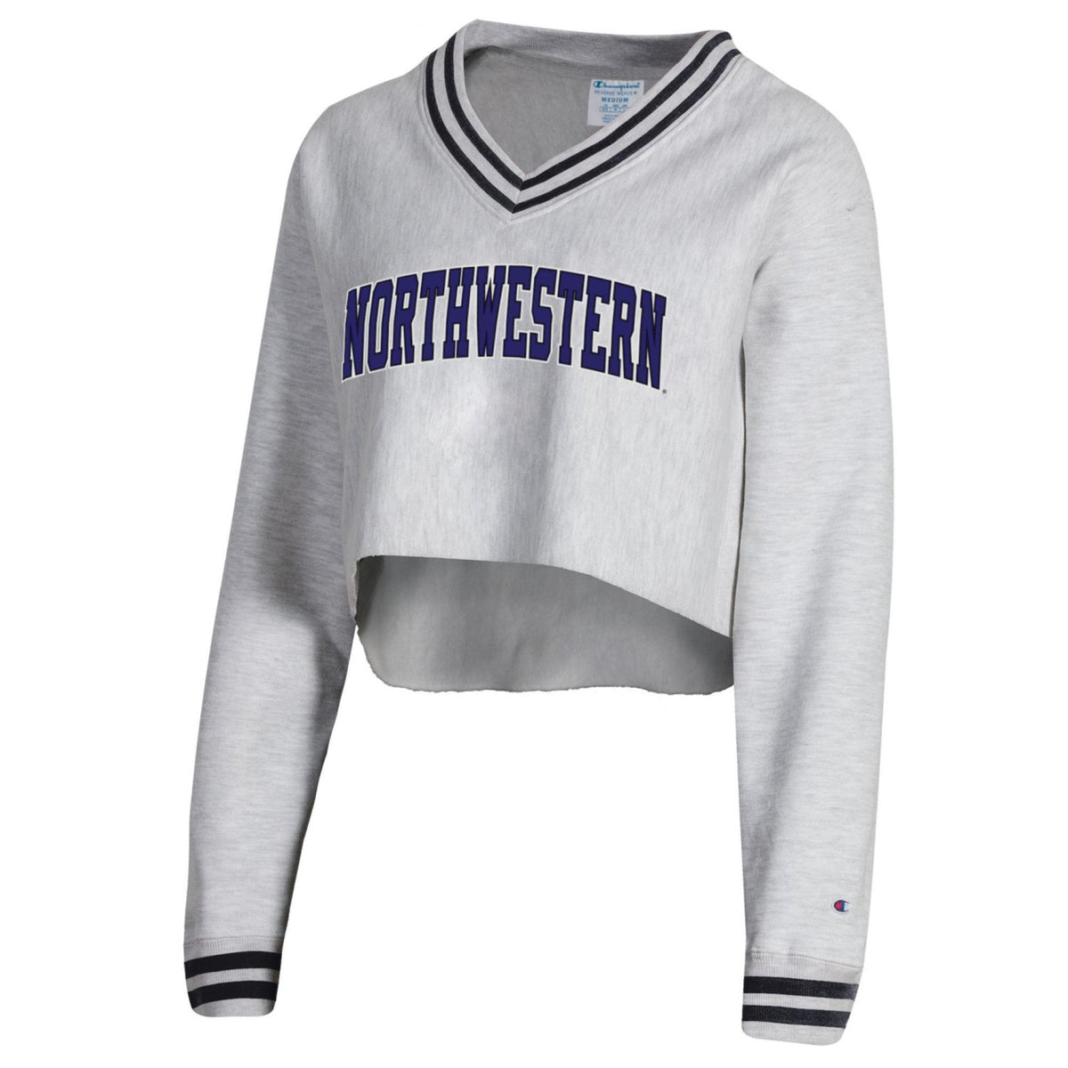 Northwestern Wildcats Women s Champion Grey V Neck Cropped Sweatshirt Northwestern Team Store