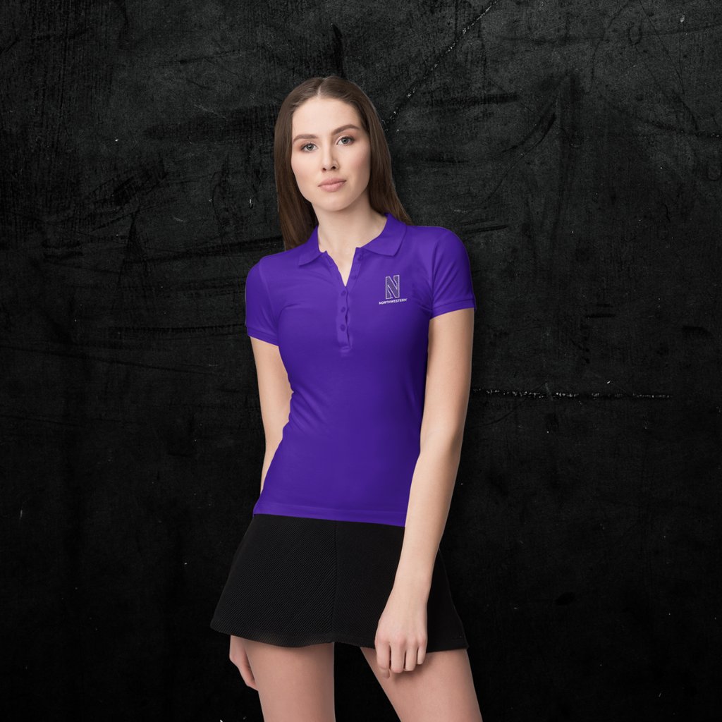 Young adult woman in Antigua purple polo with charcoal gray textured background