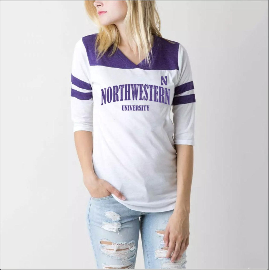 Northwestern Wildcats Women's Striped 3/4 Sleeve V-Neck T-Shirt - Northwestern Team Store